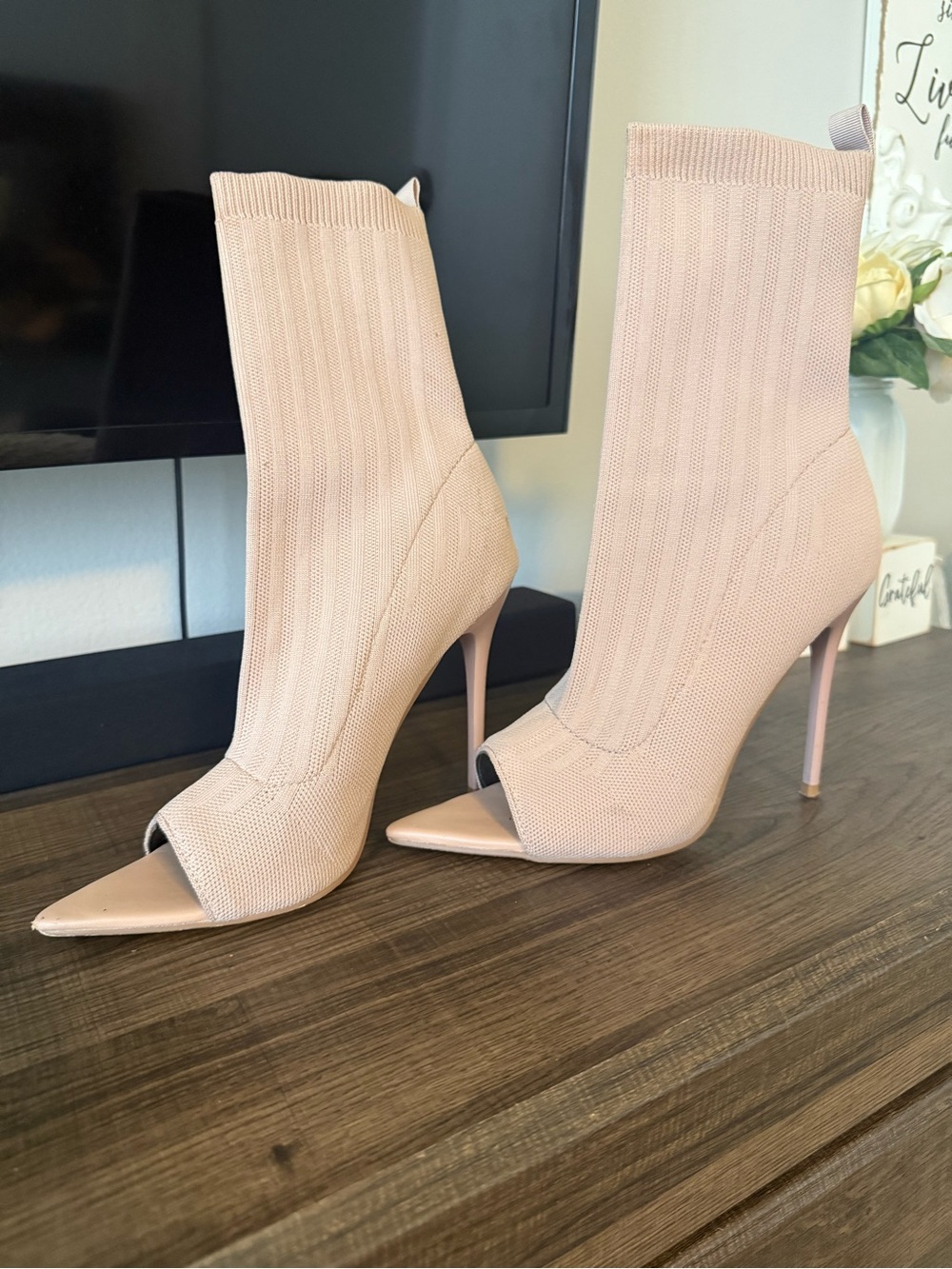 Women's Blush Knit Peep-Toe Stiletto Booties